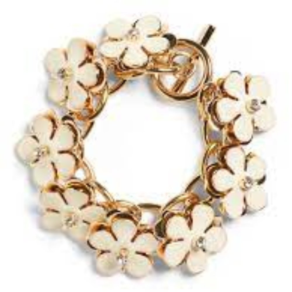 COPY - Banana Republic Floral Line White Enamel Crystal Link Toggle Bracelet NW…